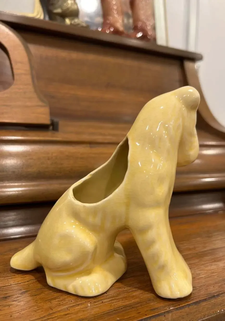 Vintage Ceramic Yellow Crackle Glaze Terrier Dog Planter Vase Figurine